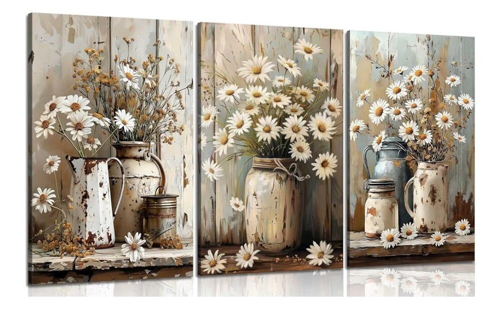 3 Pcs Farmhouse Daisy Canvas Wall Hanging 12x16in Rustic Bathroom Living Room